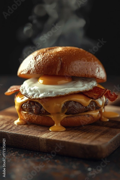 Fototapeta hamburger on a wooden background