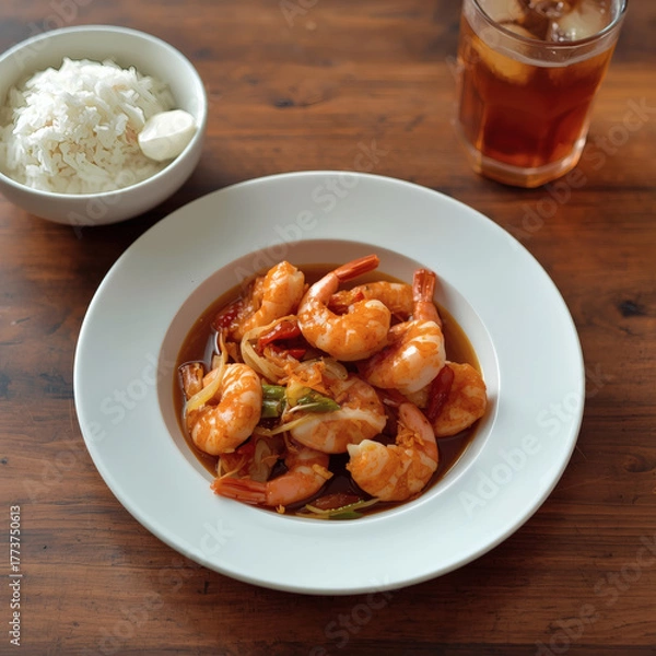 Obraz Delicious hot fried shrimp meal with sauce and vegetables