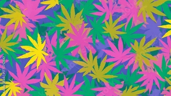 Fototapeta Pattern of colorful abstract leaves on dark background. Leaf shapes in vivid colors like red, green, blue, and orange. Energetic, dynamic composition evokes natural theme. Neural network AI generated