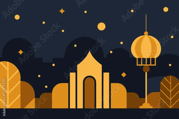 Obraz A spooky Halloween vector illustration of a dark night city landscape with haunted house silhouettes under a starry sky