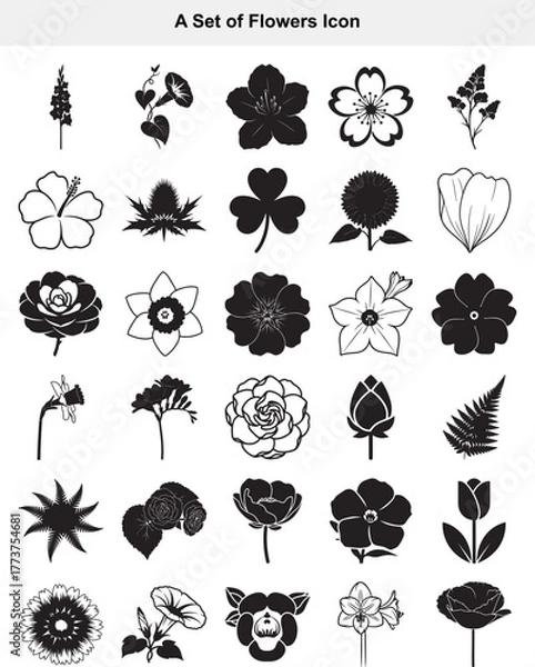 Fototapeta Variety of Botanical Icons Elegant Black and White Flower Silhouettes Set