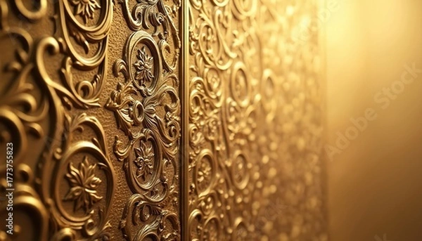 Fototapeta Ornate golden arabesque design adorns surface with intricate floral patterns. Luxurious decorative detail opulent aesthetic. Texture creates depth for backdrop. Elegant ornamental design for