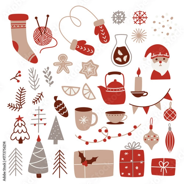 Obraz Festive winter vector figures in doodle style.