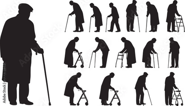 Fototapeta Elderly silhouette, walking aid poses, cane, walker, rollator, mobility support, aging movement, black vector icon set, medical, caregiving, stock illustration