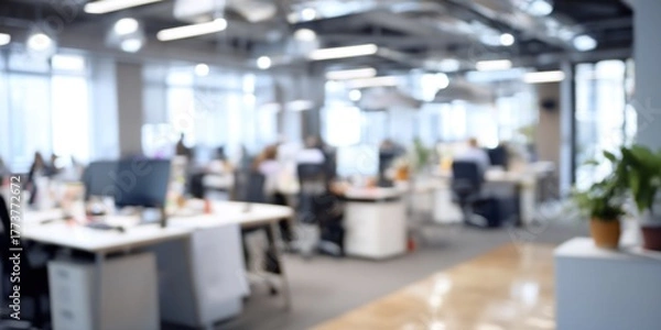 Fototapeta A blurred view of a modern office space with desks, computers, and plants, indicating a busy work environment.