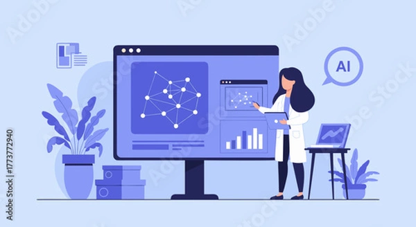 Obraz AI Scientist Presenting Data Analysis on Large Computer Screen with Laptop