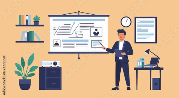 Obraz Animated Businessman Presenting Data on a Projection Screen with Office Elements