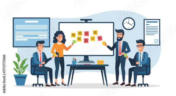 Obraz Collaborative Business Team Brainstorming Ideas on Whiteboard with Sticky Notes