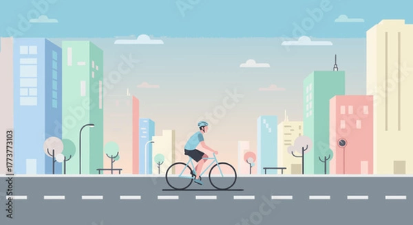 Obraz Cyclist Pedaling Through a Colorful Cityscape on a Sunny Day