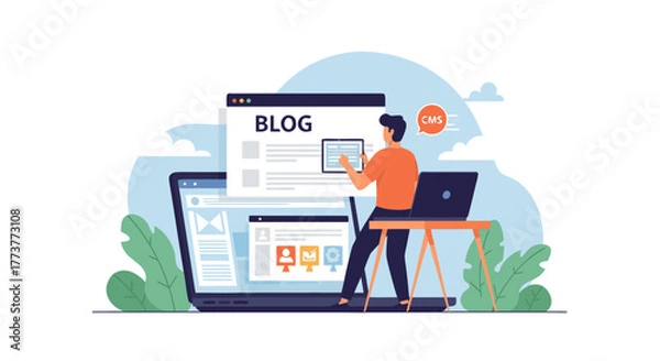 Obraz Digital Content Creator Working on Blog and CMS Platform with Laptop and Tablet