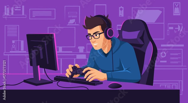 Fototapeta Enthusiastic Gamer Focused on Controller with Headphones in Gaming Setup