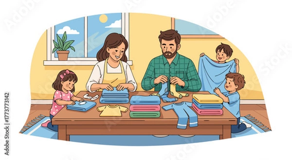 Obraz Family Folding Laundry Together Creating a Cozy and Organized Home Environment