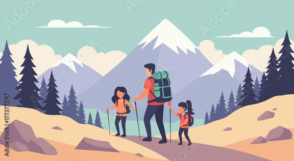 Obraz Family Hiking Adventure with Backpacks and Trekking Poles in Mountainous Landscape