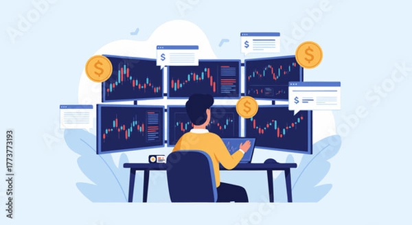 Obraz Financial Analyst Monitoring Stock Market Trends on Multiple Computer Screens with Dollar Symbols