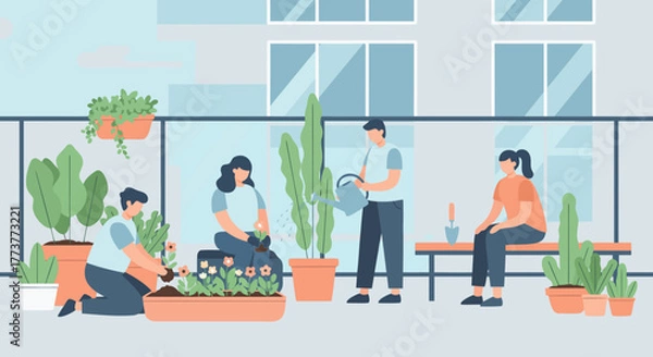 Obraz Group of People Gardening Together on a Rooftop Balcony with Plants