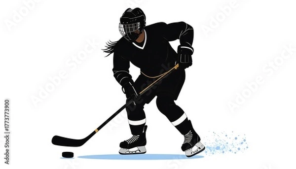 Fototapeta Silhouette of a female hockey player in black gear, skating towards the viewer while handling a puck with a stick