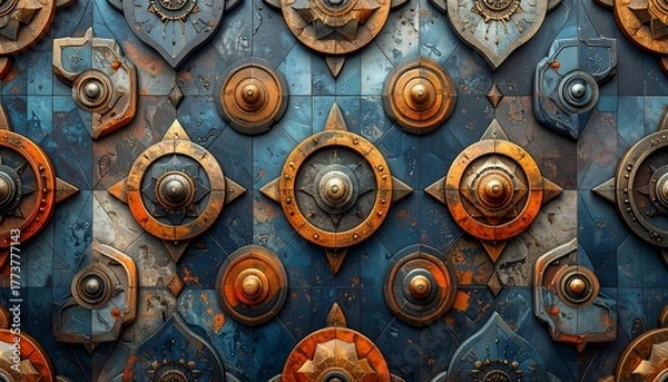 Fototapeta Ornate, metallic, geometric pattern. Repeating elements of circles and starbursts in aged bronze and blue tones, creating a textured surface