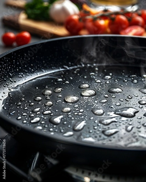 Obraz Close up of a black frying pan with water droplets and blurred tomatoes and garlic in background