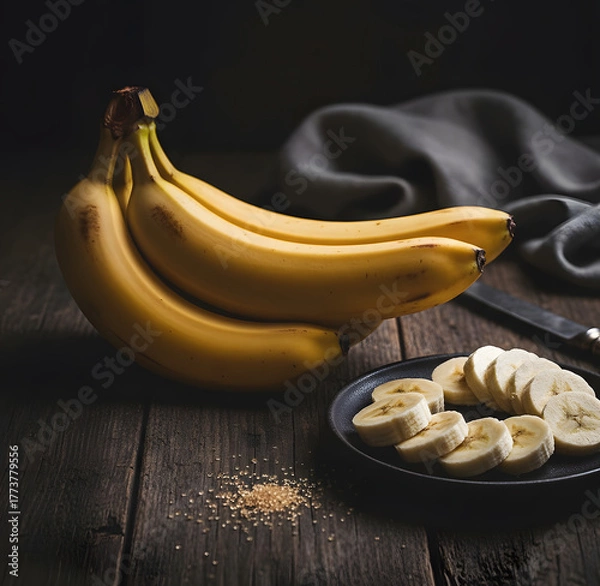 Fototapeta Ripe Bananas on Dark Background, Moody Food Photography