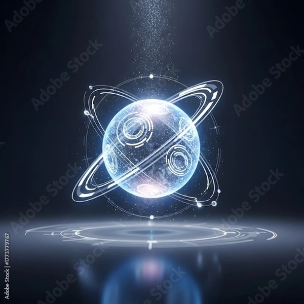 Fototapeta Luminous digital atomic model with holographic interface elements, symbolizing the core of artificial intelligence and future network technology