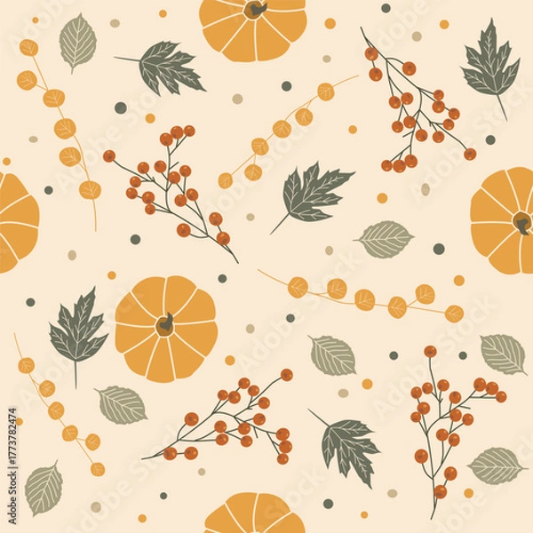 Fototapeta Seamless autumn pattern with pumpkins, berries and leaves in warm tones