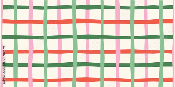 Fototapeta Seamless plaid pattern in a colorful hand-drawn style, a geometric checkered background for textile, wrapping paper, or cute fabric design, vector illustration.