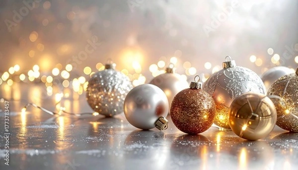 Obraz Silver Christmas ornaments with matte, metallic, and glitter finishes on reflective surface with warm lights for editorial festive photography holiday decor and poetic shimmer-themed visuals