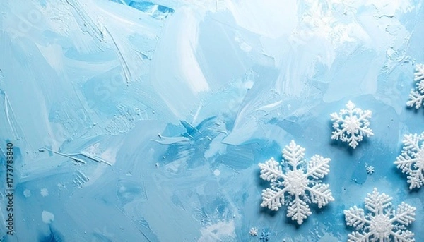 Obraz Detailed snowflakes on icy surface with hexagonal symmetry and cool blue background for editorial winter photography scientific decor and poetic stillness-themed visuals