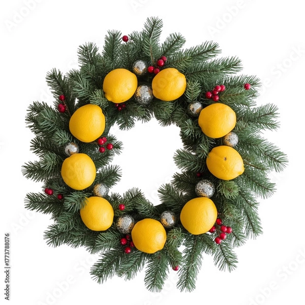 Fototapeta Christmas wreath with lemons isolated on transparent or white background, png