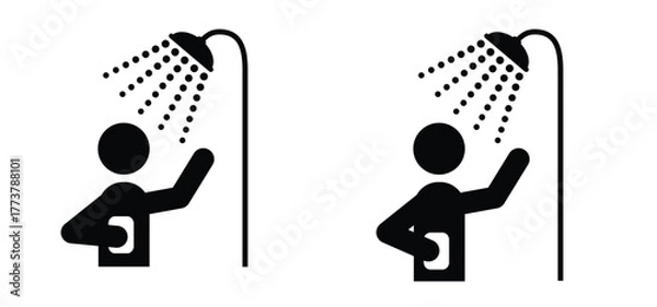 Obraz Shower head with water drops for man or woman. Bathroom tools. Water shower symbol with soap. for shower stall or shower bath and bath room, bathing hot water. Douche icon. Showerhead logo