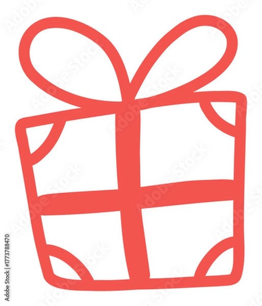 Obraz Red gift box sticker icon. A cute, hand-drawn present with a ribbon for birthday, Christmas, or New Year party designs.