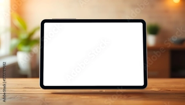 Fototapeta A digital tablet with a blank white screen sits on a wooden table.