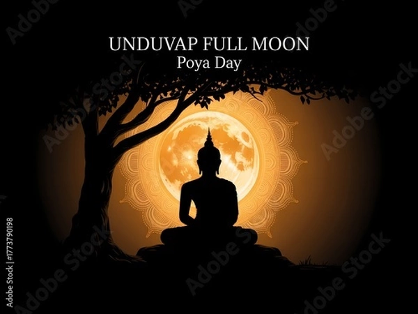 Fototapeta Serene buddha meditation under a full moon on poya day amidst silhouetted tree branches