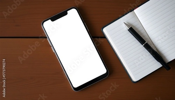 Fototapeta A smartphone with a blank screen, notebook, and pen on wood.