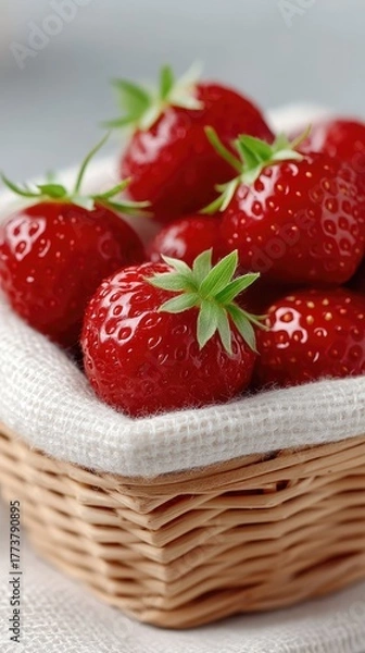 Fototapeta Close Up Macro Photo Of Ripe Red Strawberries In A Wicker Basket With White Cloth In Soft Natural Daylight