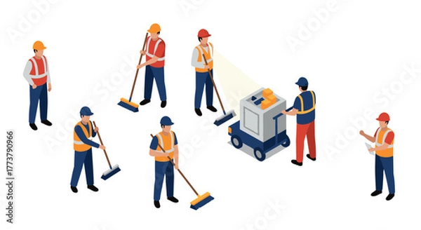 Fototapeta Construction workers in isometric design operating floor cleaning machine