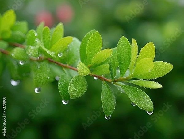 Fototapeta green leaf with drops of water