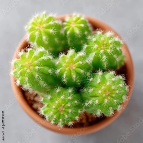 Fototapeta Close up macro shot of a cluster of small green cacti with white spines in a round terracotta pot on a grey textured surface with soft natural lighting