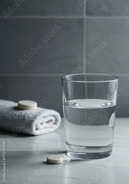 Obraz Essential daily wellness ritual, showcasing a single tablet near a water glass in a tranquil, tidy bathroom environment ,evening ,tranquil ,hygiene
