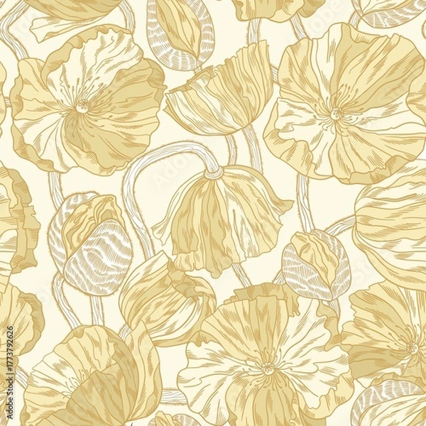 Obraz Luxurious pattern with graceful curving Icelandic poppies in vanilla on white for fabric and paper