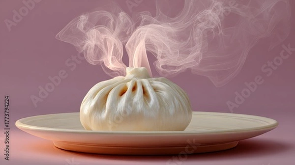 Fototapeta Steaming dumpling placed on a beige plate, showcasing its soft texture and intricate folds, with wisps of steam rising, creating an inviting atmosphere for culinary enthusiasts and food lovers