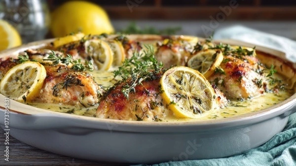 Fototapeta Elegant photo of delicious baked chicken with lemon and herbs in creamy sauce.
