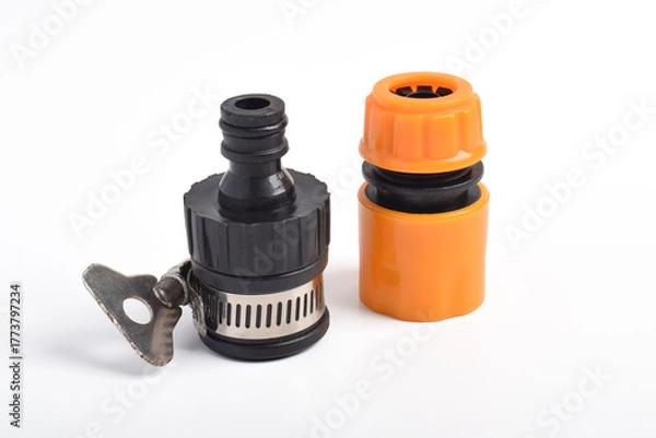 Fototapeta Faucet to hose connector isolated on white background