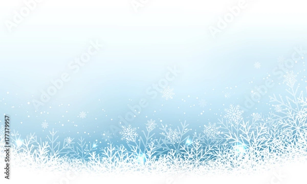 Fototapeta Christmas abstract vector wallpaper with snowfall, glitter, snowflakes and stripe for your content.