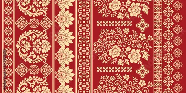 Fototapeta floral pattern vintage ethnic modern embroidery texture boho design vector illustration hand drawn pink flower motif branches leaves wallpaper seamless background border.	
