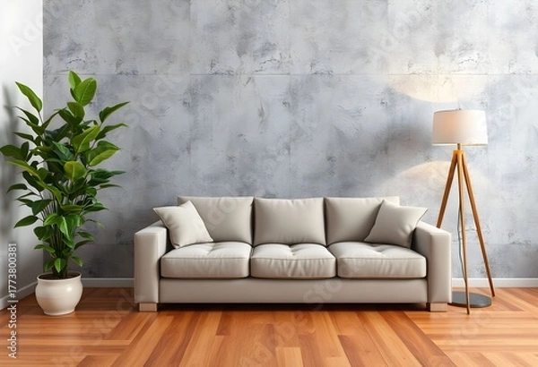 Fototapeta A modern living room featuring a neutral-toned sofa, a floor lamp, and a potted plant.