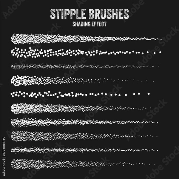 Fototapeta Ink scatter brush, stipple drawing and texturing. Fading gradient. Stippling, dotwork drawing, shading using dots. Halftone disintegration effect. White noise grainy texture. Vector illustration