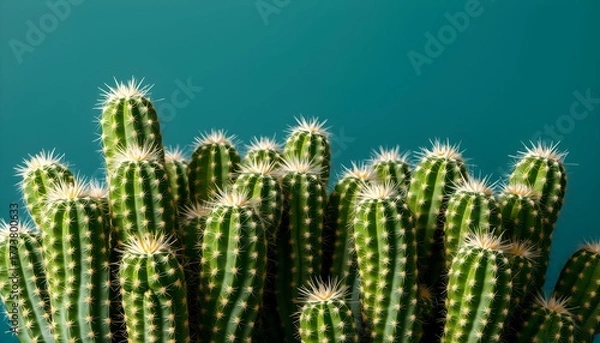 Fototapeta Close-up view of a cluster of green cacti against a teal background.