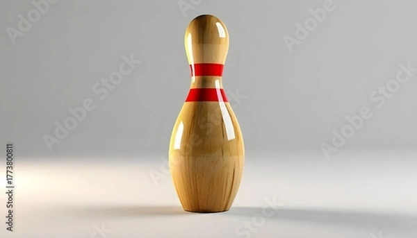 Fototapeta A single, wooden bowling pin stands isolated against a neutral background.