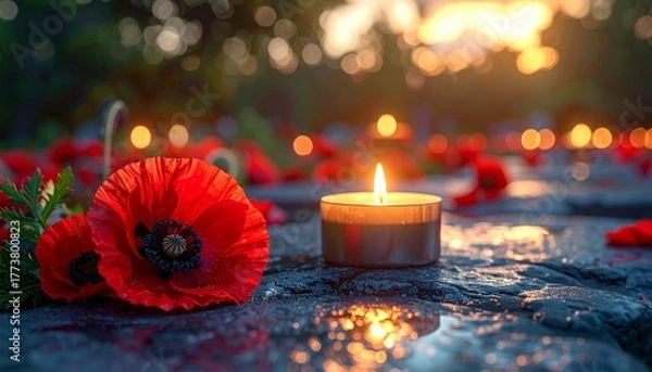 Fototapeta Remembrance Day: Lit Candle and Poppy Flowers on a War Memorial. Symbol of Sacrifice, Peace, and Commemoration of Veterans